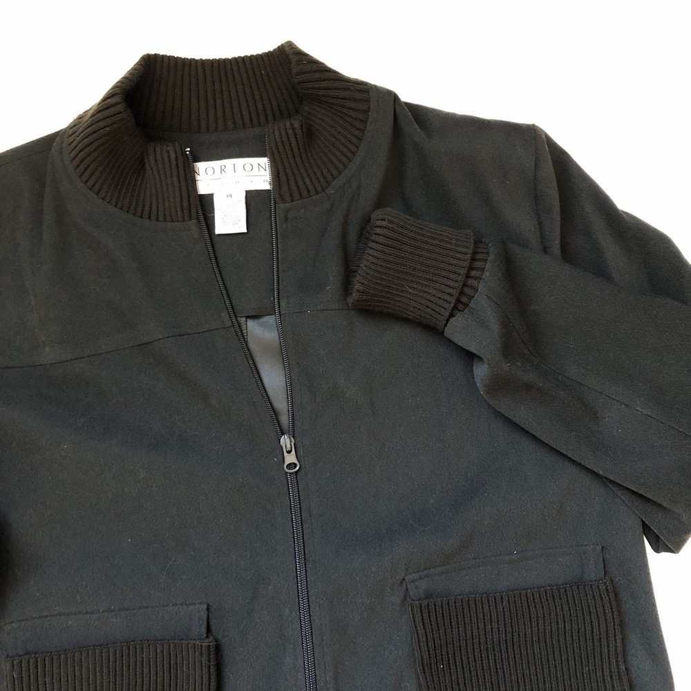 Norton Studio Jacket Women 14 Green Full Zip Ribbed‎ Brown Sweater Cuffs Collar